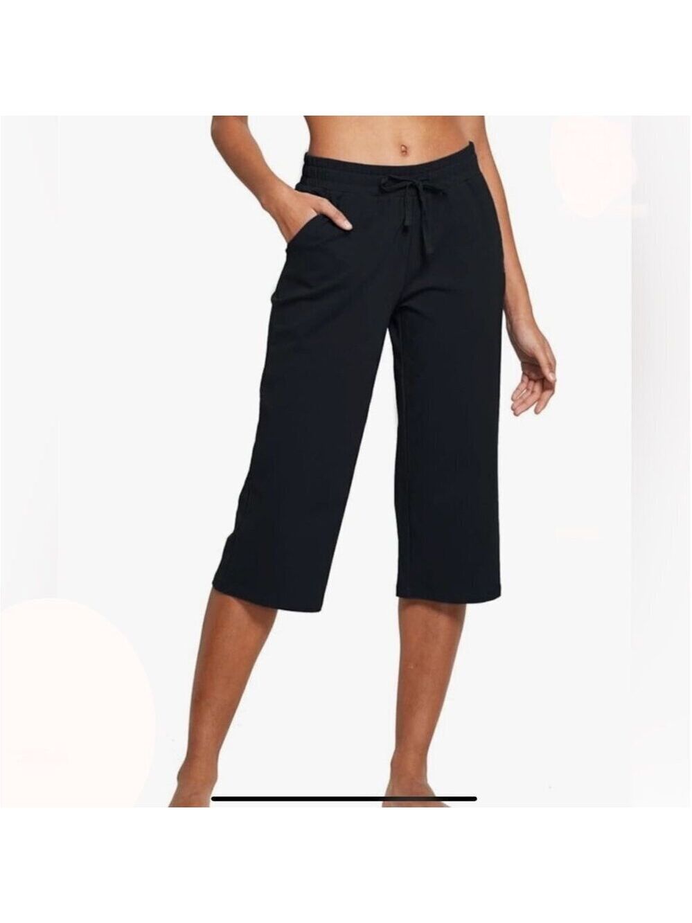 Baleaf Womens Athletic Capri Pants - Elastic Waist Pockets Black Comfortable Fit